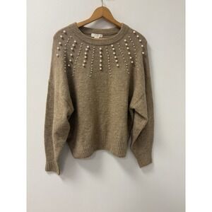H & M Tan/Oatmeal Oversized Sweater Pearl Embellishment Sleeve Sz L